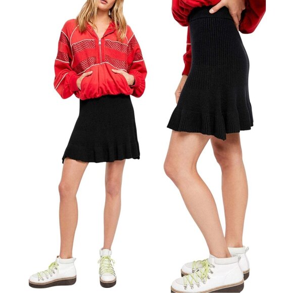 Free People Solid Gold Skirt Sweater Knit Black Ribbed Mini Skirt Women's Small - Picture 1 of 6